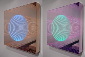 tunnel view, plexiglas metall spiegel led-licht farbwechsel spiegel, preview berlin, galerie michaela stock, 2010